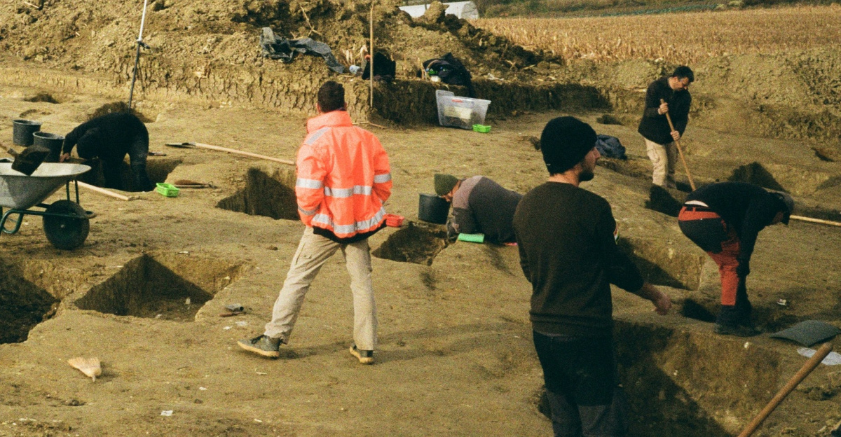 Archaeologists excavating a field with tools and trenches.